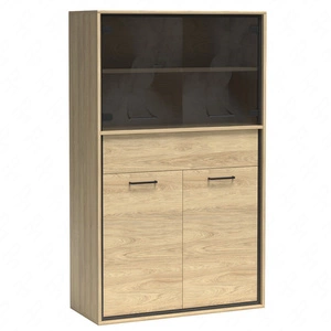 Witryna niska Mediolan 92 cm hikora gustowna witryna do salonu elementy z bezpiecznego szkła szuflada z systemem push to open subtelne czarne dodatki