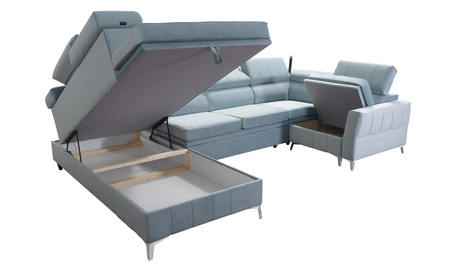 Narożnik z funkcją spania Rava V jasny beż lewostronny komfortowy narożnik z pojemnikami na pościel oraz wielofunkcyjną lampką