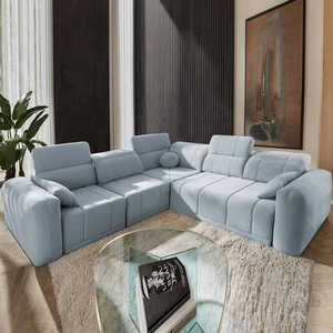 Narożnik z funkcją spania Cetara III błękitny lewostronny ergonomiczny narożnik z przesuwanym oparciem i regulowanymi zagłówkami