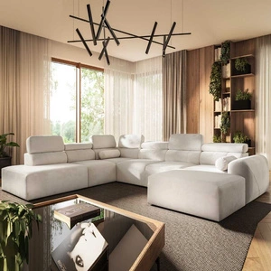 Narożnik z funkcją spania Cantare X kremowy prawostronny wygodny narożnik o niebanalnym designie doskonały do przestronnego salonu