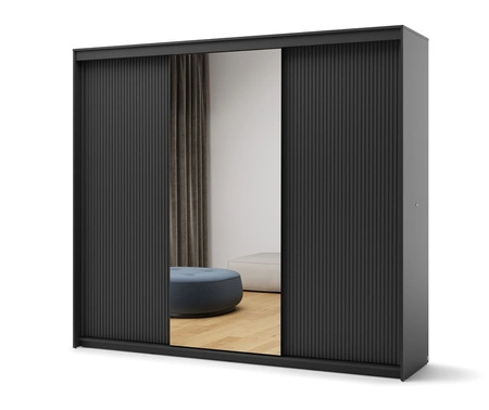 Szafa przesuwna z lustrem Trend 250 cm czarna wyjątkowy design pojemna szafa do sypialni z oświetleniem LED stylowe ryflowane fronty