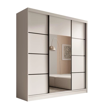 Szafa przesuwna z lustrem Keri 200 cm biała funkcjonalna szafa do nowoczesnego wnętrza dekoracyjne czarne listwy wewnętrzne szuflady