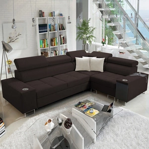 Narożnik z funkcją spania Dafni II brązowy prawostronny pleciony narożnik z pojemnikiem na pościel szuflada z pełnym wysuwem w boczku