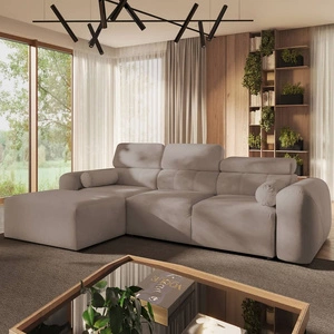 Narożnik z funkcją spania Cantare ciemny beż lewostronny funkcjonalny i komfortowy narożnik o nowoczesnym designie pluszowa tkanina