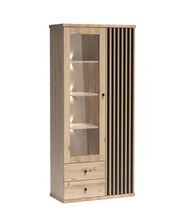 Witryna Cali 86 cm dąb artisan / czarny stylowa witryna do salonu drzwi witryny ozdobione lamelami w kolorze dębu czarne uchwyty pojemne szuflady