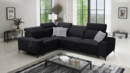 Narożnik z funkcją spania Kelly Sleek II czarny lewostronny elegancki narożnik do salonu wykonany z wytrzymałej plecionej tkaniny