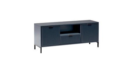 Szafka RTV Linka 135 cm indigo nowoczesny design ciekawy wzór na frontach w postaci frezowanych ryfli metalowa podstawa