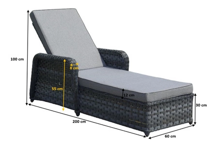 Leżak ogrodowy Matto szary elegancki charakter mebla łóżko ogrodowe z regulowanym zagłówkiem i podłokietnikami wytrzymały technorattan