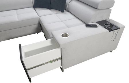 Narożnik z funkcją spania Dafni II szary prawostronny pleciony narożnik z pojemnikiem na pościel szuflada z pełnym wysuwem w boczku