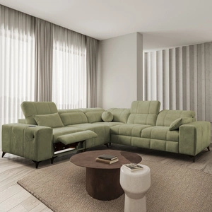 Narożnik z funkcją spania Penejos III Lux oliwkowy lewostronny komfortowy narożnik do salonu z wysuwanym podnóżkiem pojemnik na pościel