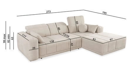 Narożnik z funkcją spania Cetara kremowy prawostronny stylowy design komfortowe przesuwane oparcia regulowane zagłówki