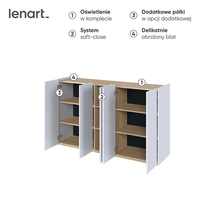 Komoda Easy 156 cm biały połysk / dąb scandi stylowa komoda doda elegancji i nowoczesności subtelne oświetlenie ledowe w zestawie