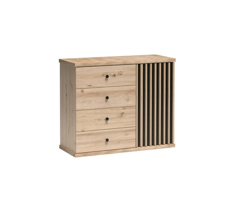 Komoda z szufladami Cali 102 cm dąb artisan / czarny elegancki i uniwersalny styl komody czarne uchwyty ozdobne lamele na drzwiach komody