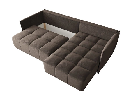 Narożnik z funkcją spania Oroso jasny brąz prawostronny miękka tkanina typu velvet z powłoką hydrofobową pojemnik na pościel