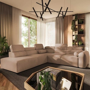 Narożnik z funkcją spania Cantare IX łososiowy lewostronny komfortowy narożnik rozkładany nowoczesny design pluszowa tkanina