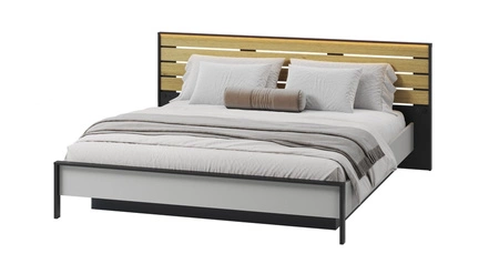 Łóżko Gris 180x200 cm szary / czarny / dąb natura wygodne łóżko z pojemnikiem na pościel wysoki zagłówek z oświetleniem LED