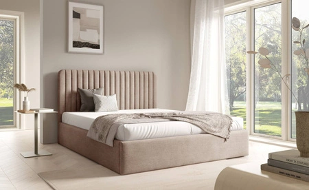 Łóżko tapicerowane Faro 160x200 beżowe wygodne łóżko do sypialni designerskie wezgłowie o subtelnie zaokrąglonym kształcie