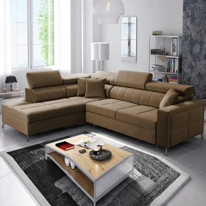 Narożnik z funkcją spania Nausa III jasny brąz lewostronny velvet stylowy komfortowy narożnik regulowane zagłówki pojemnik na pościel