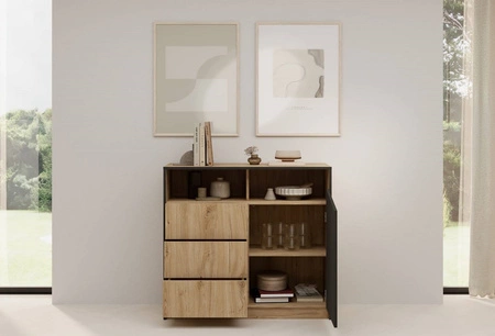 Komoda z szufladami Atson 100 cm dąb odwieczny / czarny prawa stylowy design komody ciekawy kształt frontu nadaje oryginalności