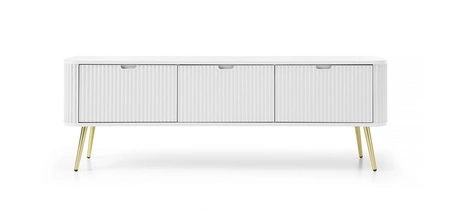 Szafka RTV Zoya 168 cm biała nowoczesny design bryła osadzona na złotych nogach ryflowany front charakterystyczny owalny kształt
