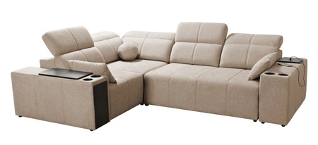 Narożnik z funkcją spania Tesalia II zielony lewostronny komfortowy narożnik do salonu z przesuwanym oparciem pojemnik na pościel