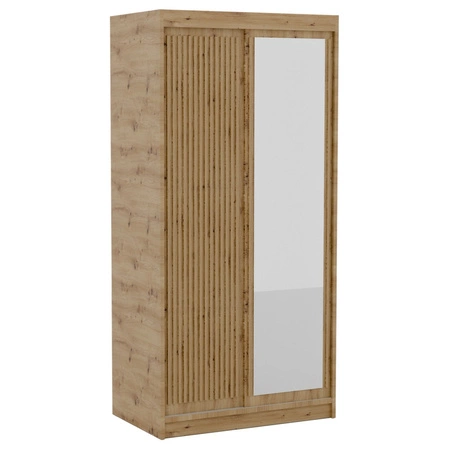 Szafa przesuwna z lustrem Delia 100 cm dąb artisan stylowa szafa z ozdobnymi lamelami w kolorze drewna wpasuje się do każdej aranżacji