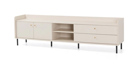 Szafka RTV Ferdi 210 cm beż piaskowy minimalistyczny design szafki z szufladami eleganckie złote uchwyty i wysokie ranty blatu