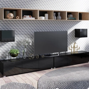 Meblościanka Apulia XXXIV czarny połysk / dąb artisan wyjątkowo stylowa meblościanka proste bryły wpisujące się w każde wnętrze