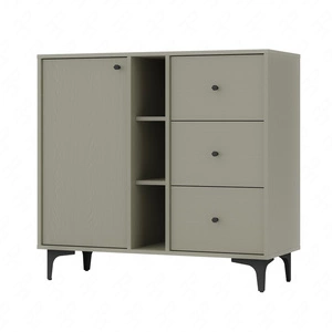 Komoda z szufladami Kioto I 100 cm eukaliptus nowoczesny design praktyczne półki czarne uchwyty metalowa podstawa