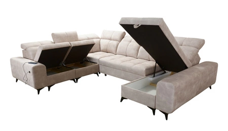 Narożnik z funkcją spania Buffalo VIII beżowy prawostronny wysokiej klasy narożnik do salonu z pojemnikami wysoka jakość wykonania