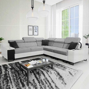 Narożnik z funkcją spania Alcamo III siwy / biały prawostronny funkcjonalny narożnik z szufladą w boczku dwa pojemniki na pościel