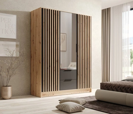 Szafa z lustrem Neri 150 cm dąb artisan / czarny stylowe lamele zdobiące drzwi szafy pojemne szuflady uchwyty krawędziowe