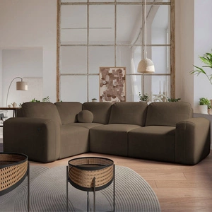 Narożnik z funkcją spania Arbon II brązowy lewostronny stylowe wzornictwo charakterystyczny obły kształt pojemnik na pościel