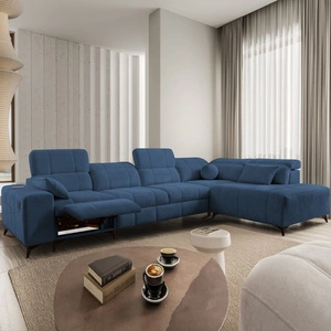 Narożnik z funkcją spania Penejos XI Lux niebieski prawostronny stylowy narożnik rozkładany z komfortowym wysuwanym podnóżkiem