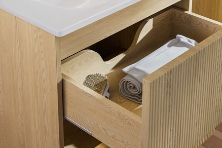 Zestaw mebli łazienkowych Nordic Cremona dąb cremona eleganckie szafki łazienkowe z ryflowaniami na frontach frezowane uchwyty