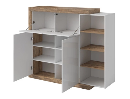 Komoda wysoka Sintra 151 cm dąb samdal / biały połysk oryginalny design komoda do salonu o ciekawym kształcie system push to open