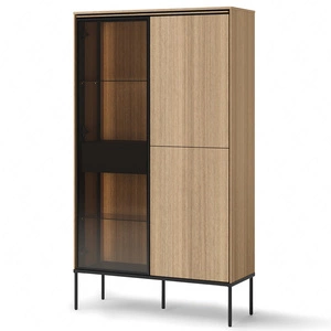 Witryna Visso 91 cm dąb linearny gustowna witryna szklana z szufladą wewnętrzną i klimatycznym oświetleniem ledowym