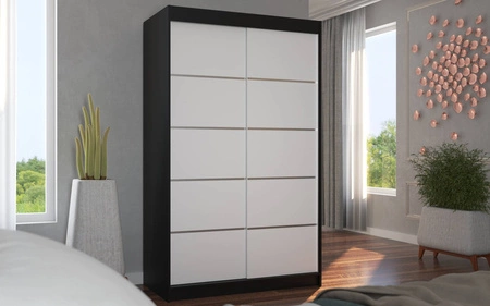 Szafa przesuwna Benisso 120 cm czarny / biały praktyczna szafa do sypialni fronty wykończone poziomymi srebrnymi listwami