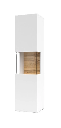 Witryna Ava 36 cm biała / dąb wotan elegancka witryna do salonu z możliwością powieszenia prosta bryła idealna do każdego wnętrza