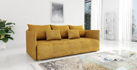 Kanapa rozkładana Selva musztardowa funkcjonalna sofa do salonu z pojemnikiem na pościel wykonana z komfortowej tkaniny typu plusz
