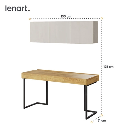 Biurko z szafką wiszącą Teen Flex 150 cm hikora naturalna / silk flou wyjątkowy design biurka z szufladami solidna metalowa podstawa