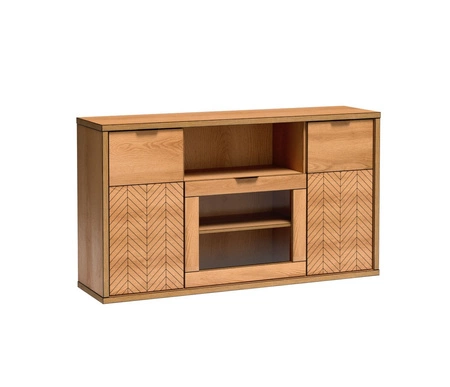 Zestaw mebli do salonu Fonti dąb karmel fronty ozdobione dekorem jodełki elementy z bezpiecznego szkła stylowe czarne uchwyty