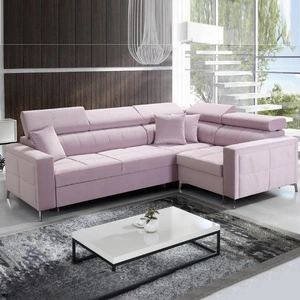 Narożnik z funkcją spania Nausa II pudrowy róż prawostronny velvet dekoracyjne przeszycia na siedzisku narożnik z pojemnikiem na pościel