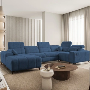 Narożnik z funkcją spania Penejos IV niebieski lewostronny stylowy narożnik rozkładany z dwoma pojemnikami na pościel trwała tkanina