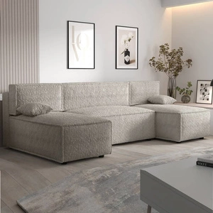 Narożnik z funkcją spania Brandon U kremowy pojemnik na pościel miękka tkanina o charakterystycznej pętelkowej powierzchni