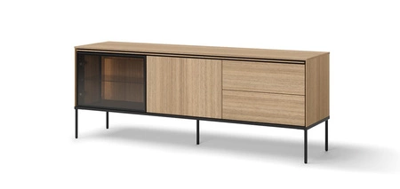 Zestaw mebli Visso dąb linearny elegancka meblościanka do salonu w stylu minimalistycznym przeszklone fronty wybranych brył