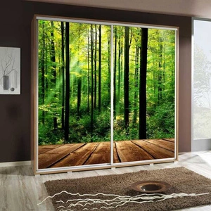 Szafa przesuwna Artistino 205 cm z grafiką las korpus szafy w kolorze dąb catania wykonany z płyty o grubości 22mm