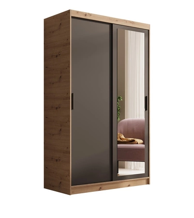 Szafa przesuwna z lustrem Hailey 120 cm dąb artisan / czarny minimalistyczna forma szafa idealnie wpasuje się do każdego wnętrza