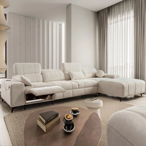 Narożnik z funkcją spania Penejos XII Lux kremowy prawostronny stylowy narożnik rozkładany z komfortowym wysuwanym podnóżkiem