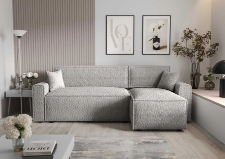 Narożnik z funkcją spania Brandon Bis szary popiel prawostronny miękka tkanina o charakterystycznej pętelkowej powierzchni pojemnik na pościel